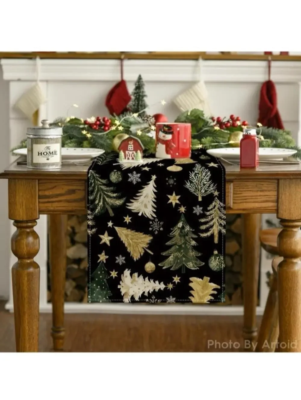 Christmas Tree Table Runner 13x90 Inch Snowflakes Stars Holiday Decor, New